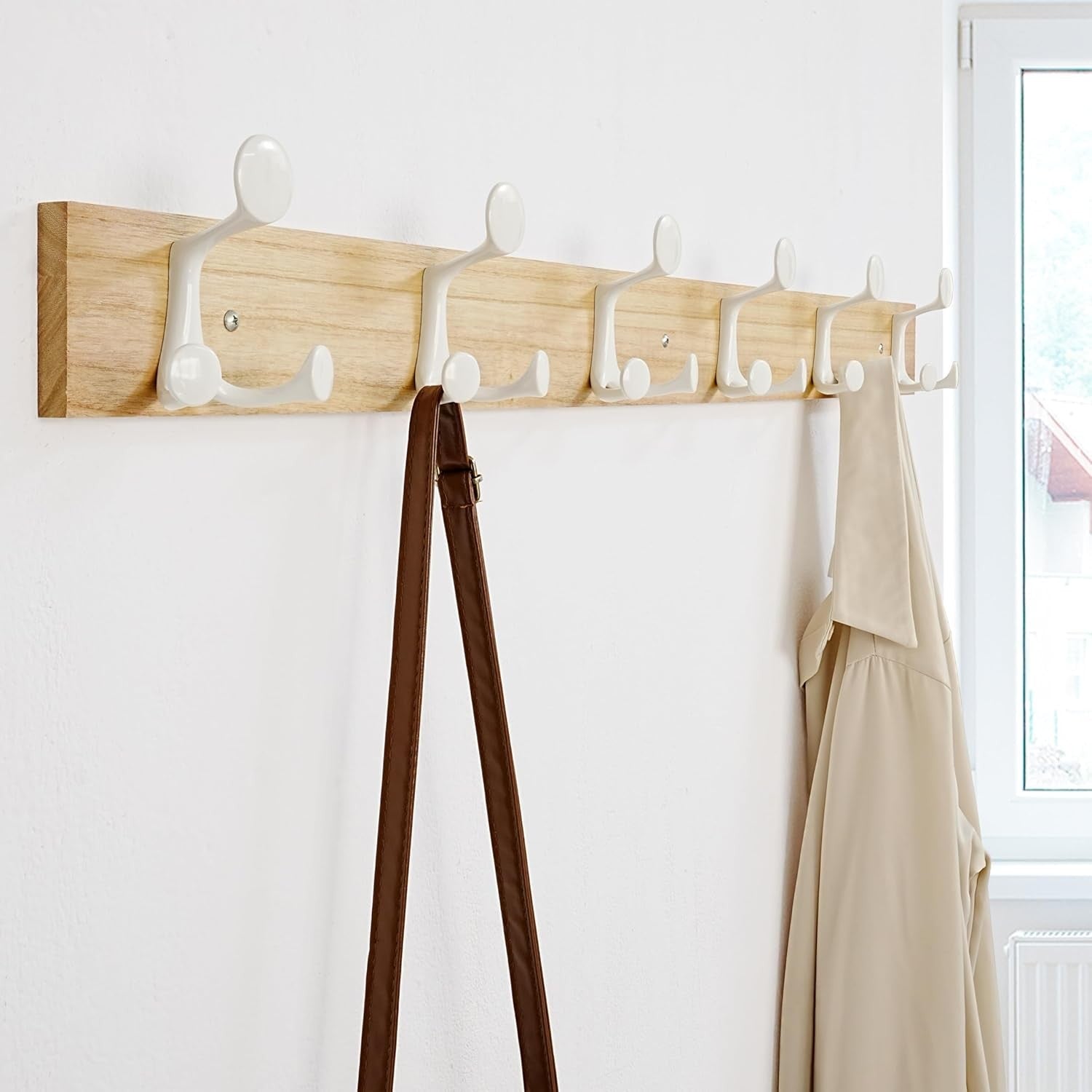 Natural Wood Wall Coat Rack 6 Triple Hooks | 99cm Modern Hanging Rail
