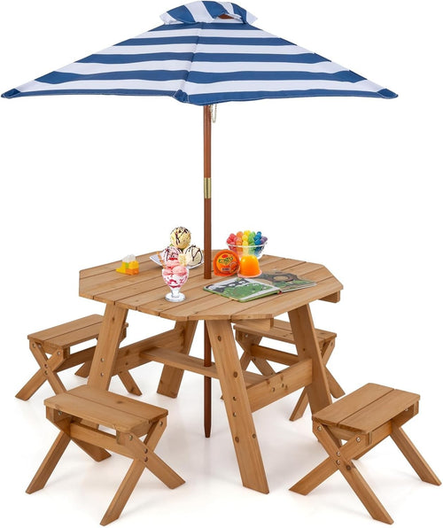 Wooden Kids Picnic Table Set with 4 Stools & Adjustable Umbrella Outdoor