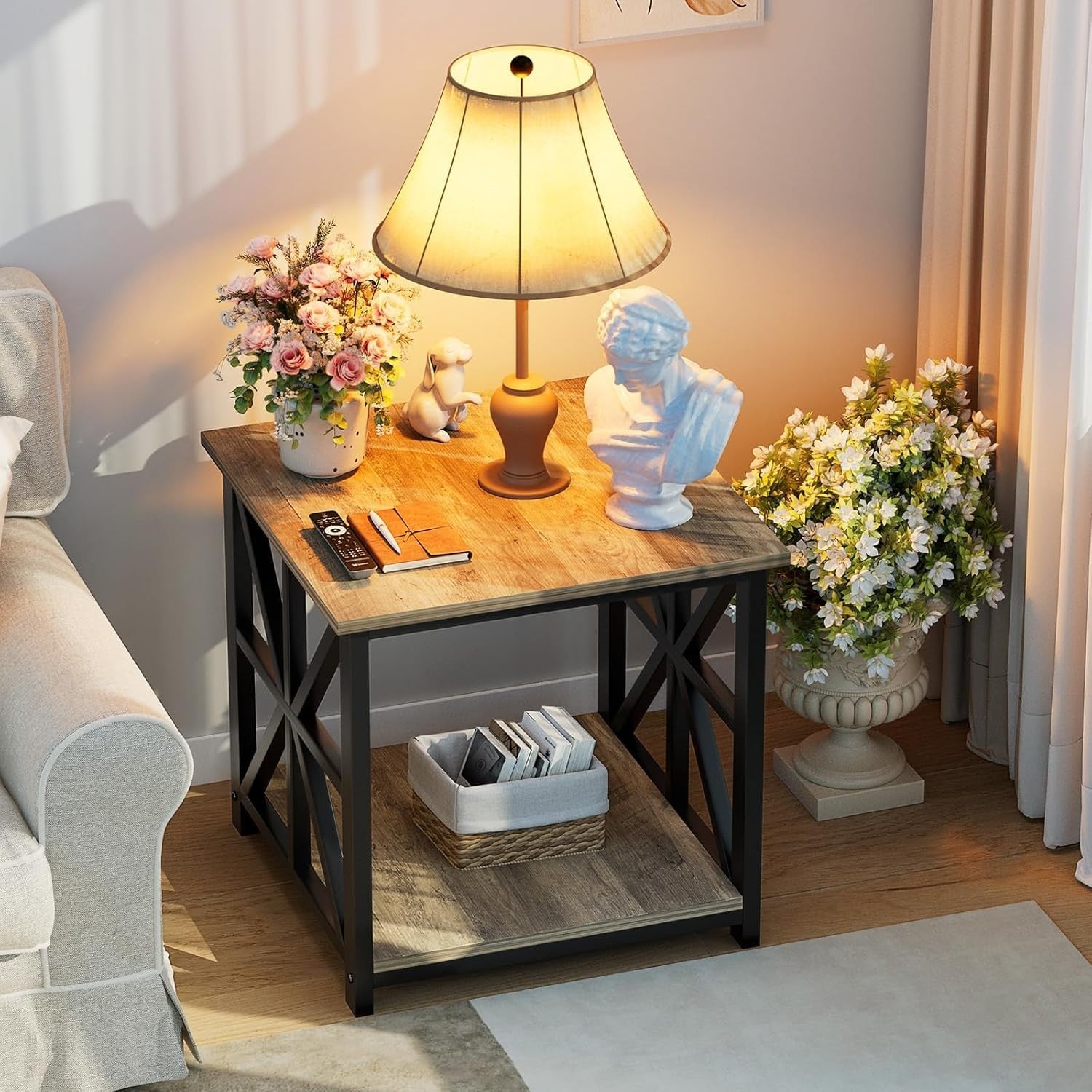 Grey Wash 2-Tier Square Side Table 60x60x60 cm | Large End Table w/ Storage