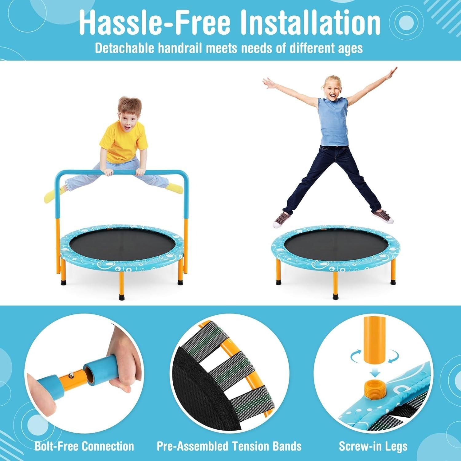 36in Kids Mini Trampoline Foldable Quiet Rebounder Handle Indoor