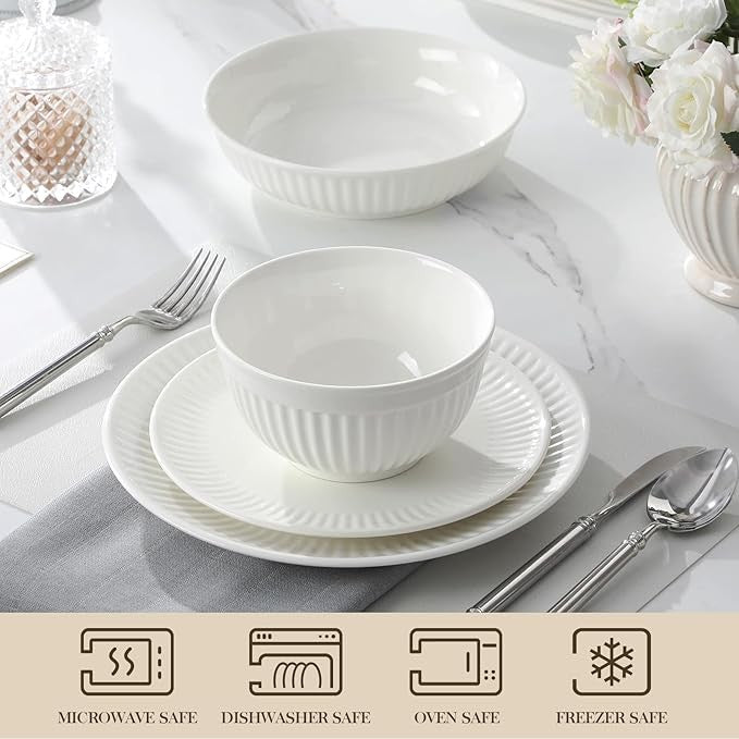 24 Piece White Dinner Set for 6 Embossed Porcelain Plates Bowls Elegant
