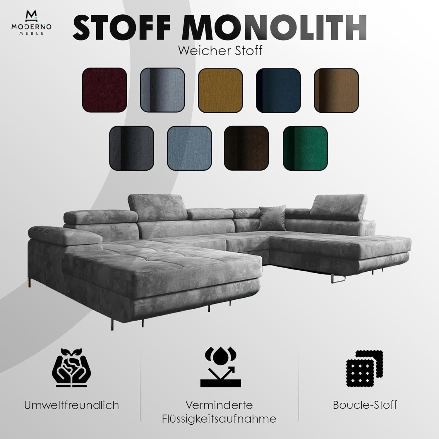 U-Shaped Sofa Bed w/ Storage, Headrests, Water-Resistant Velour, 345cm