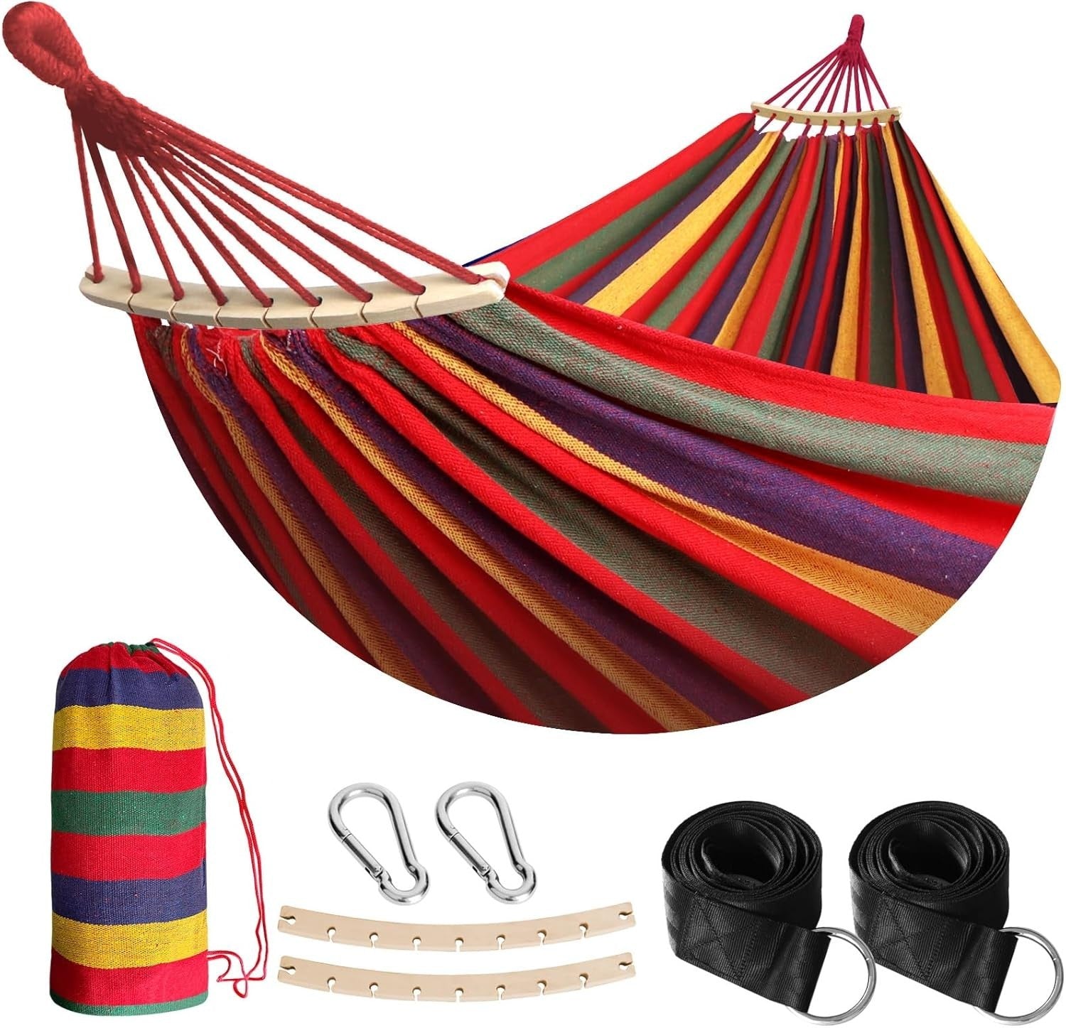 Outdoor Cotton Hammock with Spreader Bars & Tree Straps – Portable - Red