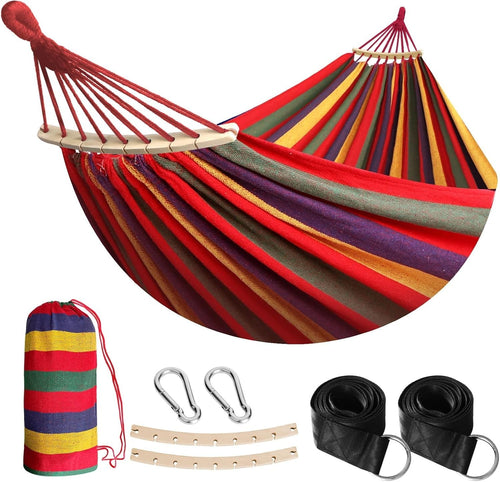 Outdoor Cotton Hammock with Spreader Bars & Tree Straps – Portable - Red