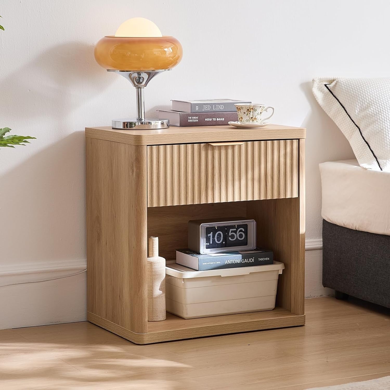 Natural Fluted Bedside Table with Drawer Modern Wood Nightstand Storage Unit