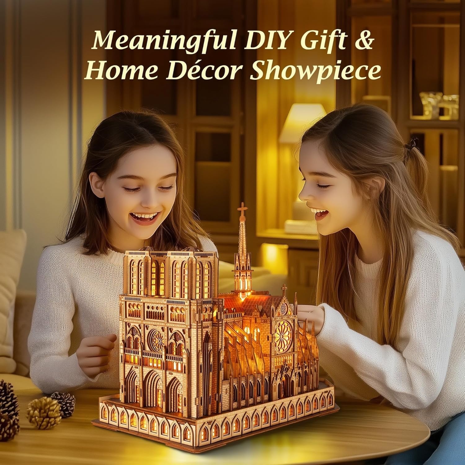 3D Wooden Cathedral Puzzle with LED – DIY Gothic Model Kit for Adults