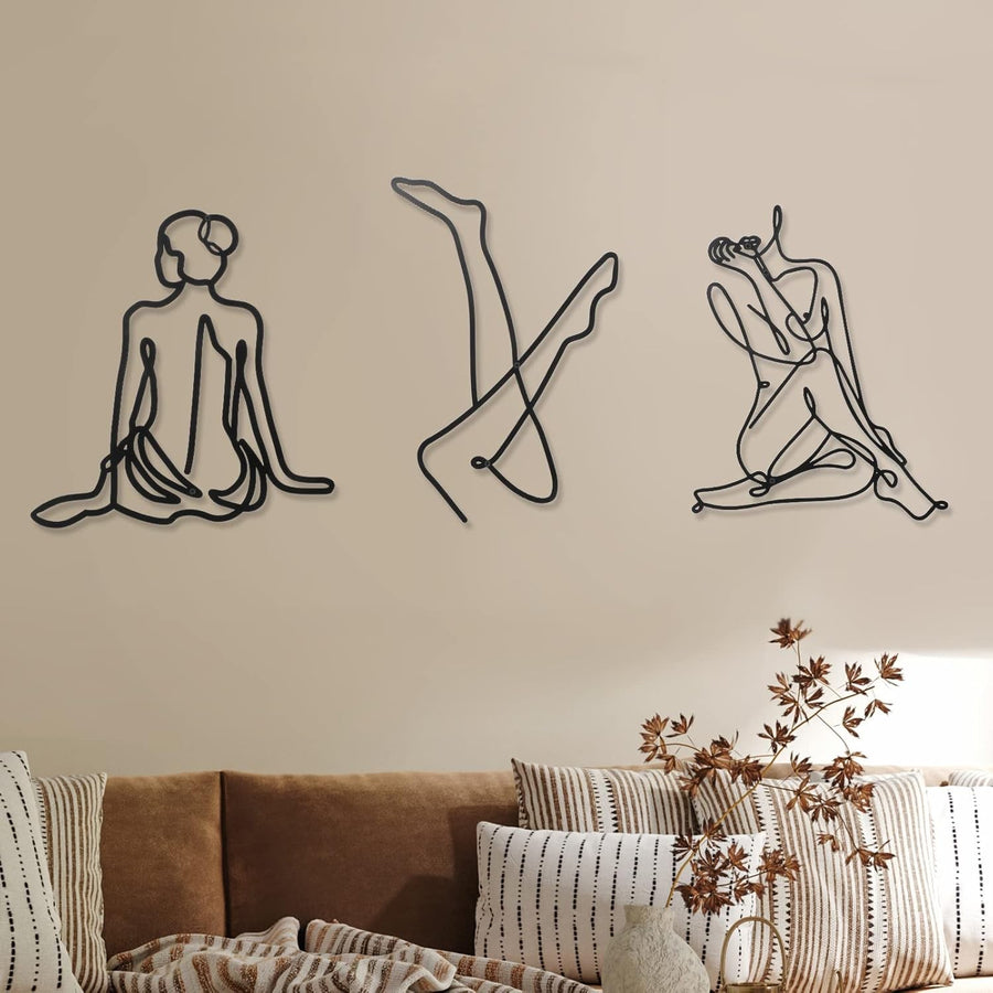 3-Piece Black Metal Wall Art Minimalist Abstract Woman Decor