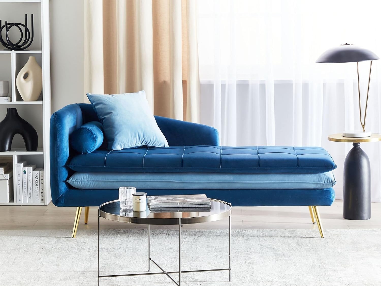 Left Hand Blue Velvet Tufted Chaise Lounge Thick Cushions Living Room