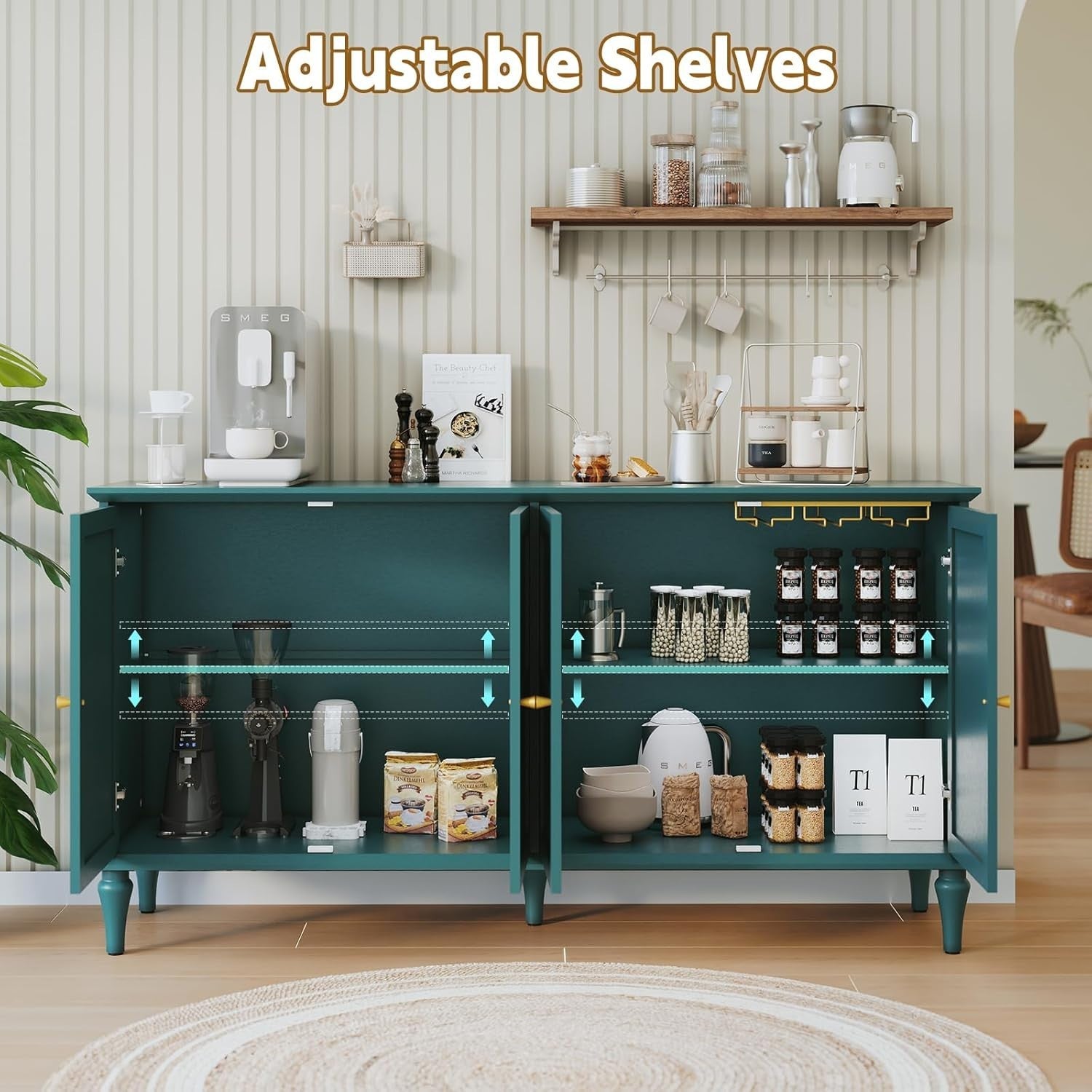 Mid-Century Green Sideboard with Wine Glass Rack, 4 Doors, Large Storage