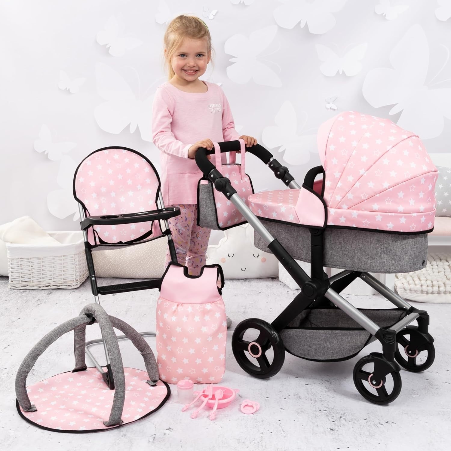 Dolls Pram Pushchair Convertible Adjustable Handle Highchair Set