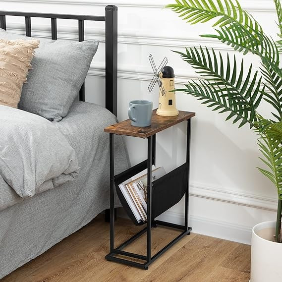 Slim Side Table for Small Spaces with Magazine Holder, Rustic Brown Narrow