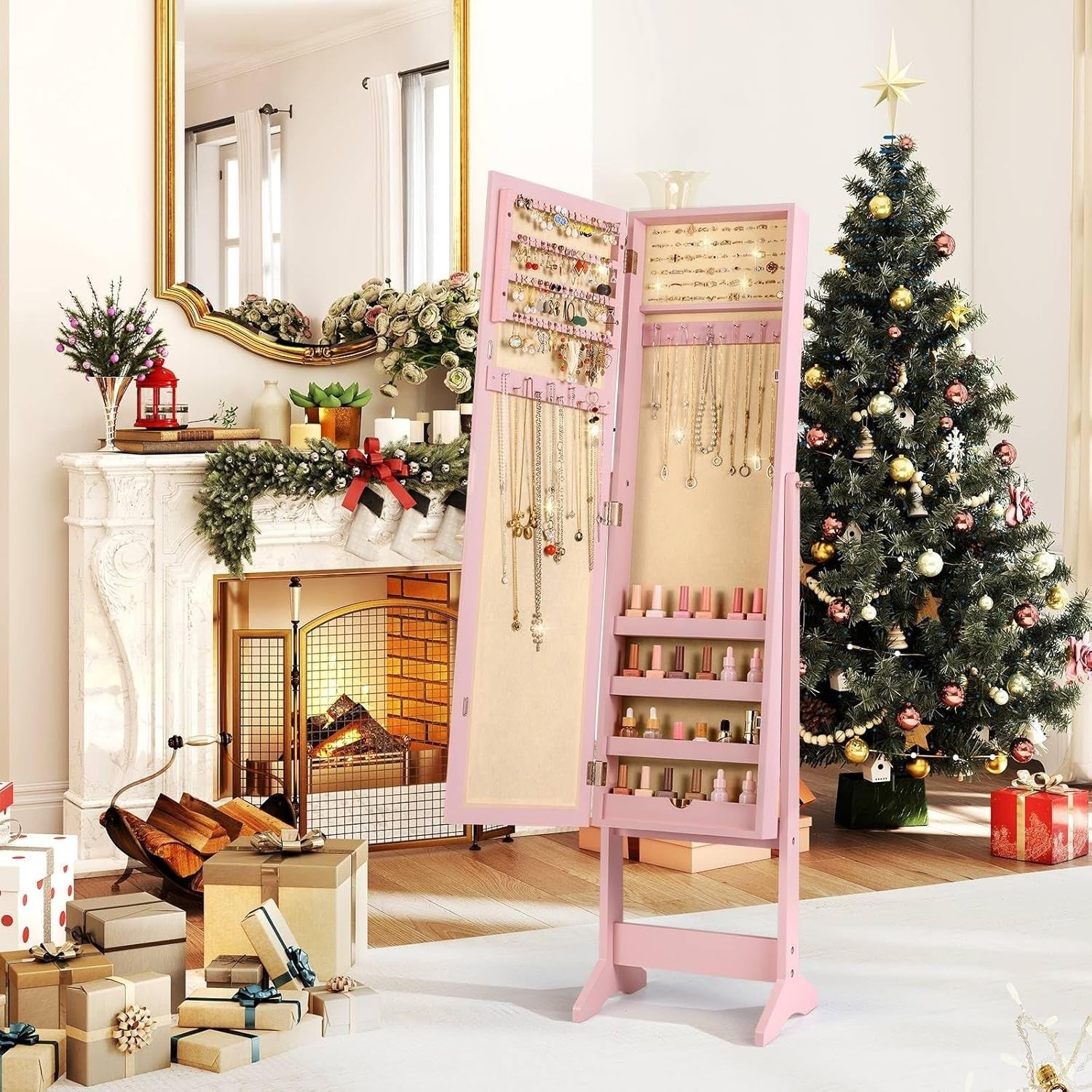 Pink Freestanding Jewelry Cabinet Full Length Mirror Adjustable Storage