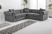 Luxury Velvet Chesterfield Corner Sofa – Steel Plush, Foam Seats.