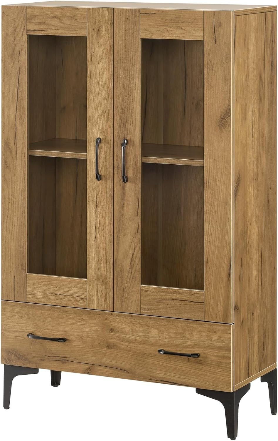 115cm Oak Display Cabinet | 2 Glass Doors & 1 Drawer