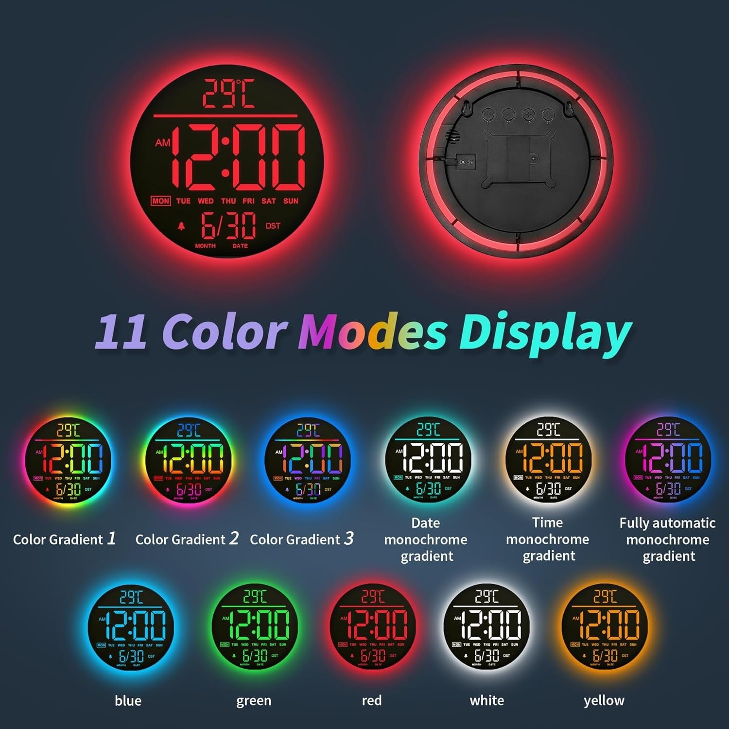 Red LED Digital Wall Clock 10 Inch Remote Control Night Light Display
