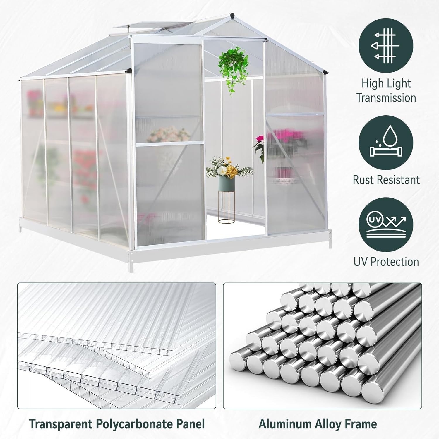 8x6FT Polycarbonate Walk-In Greenhouse with Base – Aluminium Frame, UV Resistant