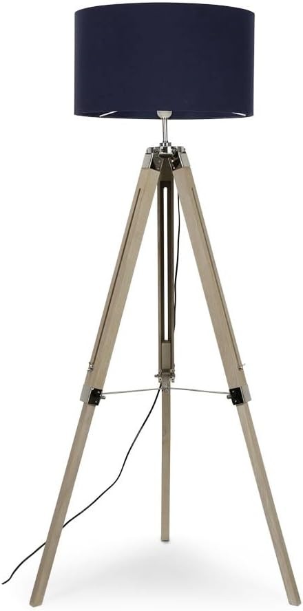 Navy Wood Tripod Floor Lamp Chrome Legs Drum Shade Modern Standing Light