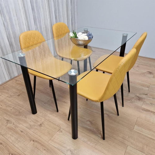 Glass Dining Table Set with 4 Mustard Faux Leather Chairs for Kitchen