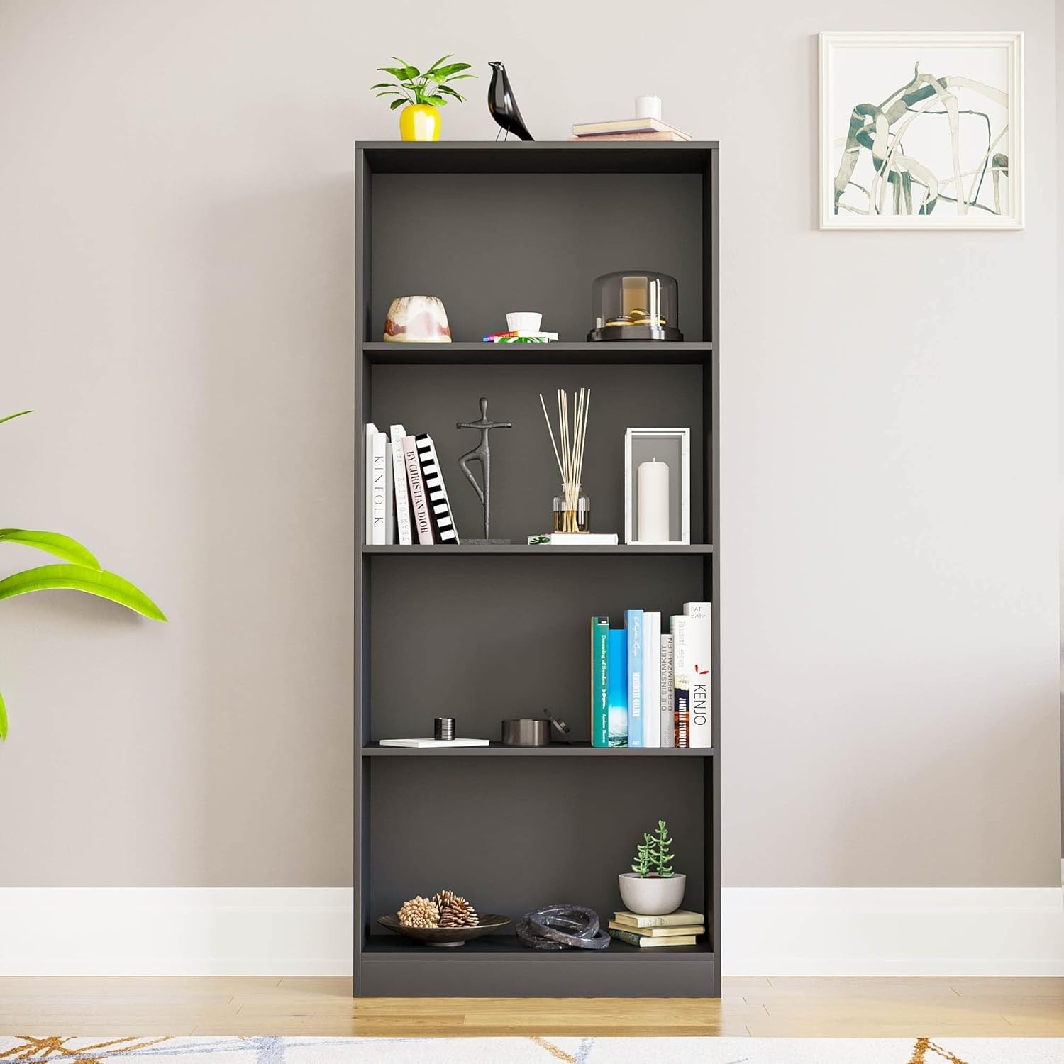 4 Tier Black Wooden Bookcase Modern Storage Display Shelf for Living Room