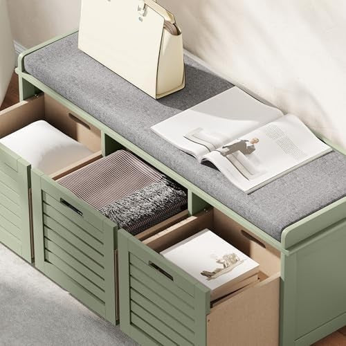 Green Shoe Storage Bench with Cushion & 3 Drawers – Modern Hallway Seat