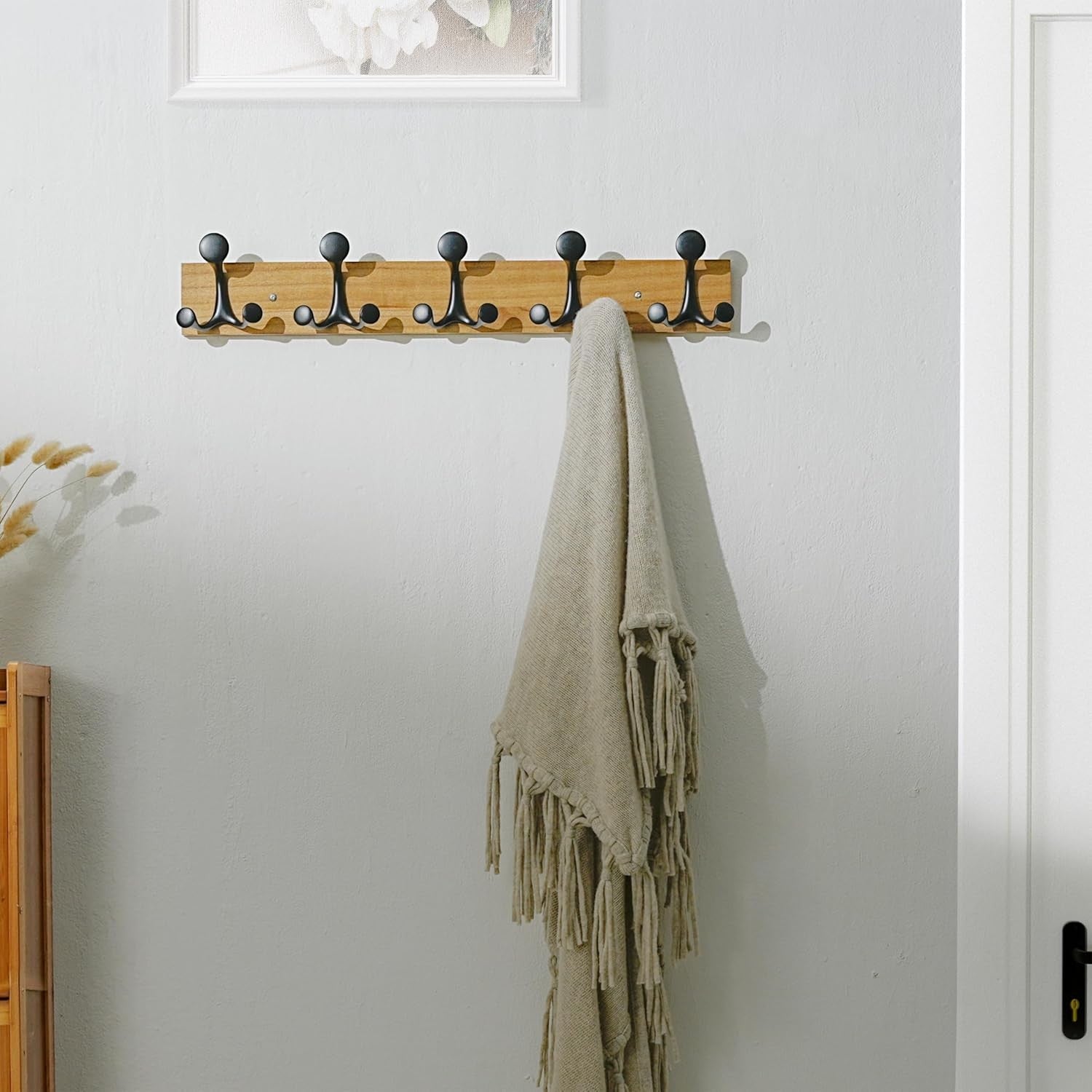 Light Brown Wood Wall Coat Rack 5 Triple Hooks | 61cm Modern Hanging Rail
