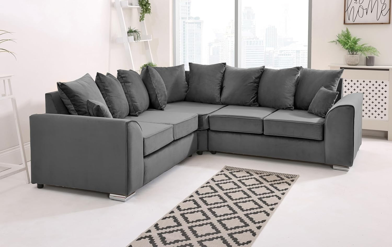 Grey Plush Velvet 5 Seater Corner Sofa – Scatterback Foam Cushions & Chrome Feet