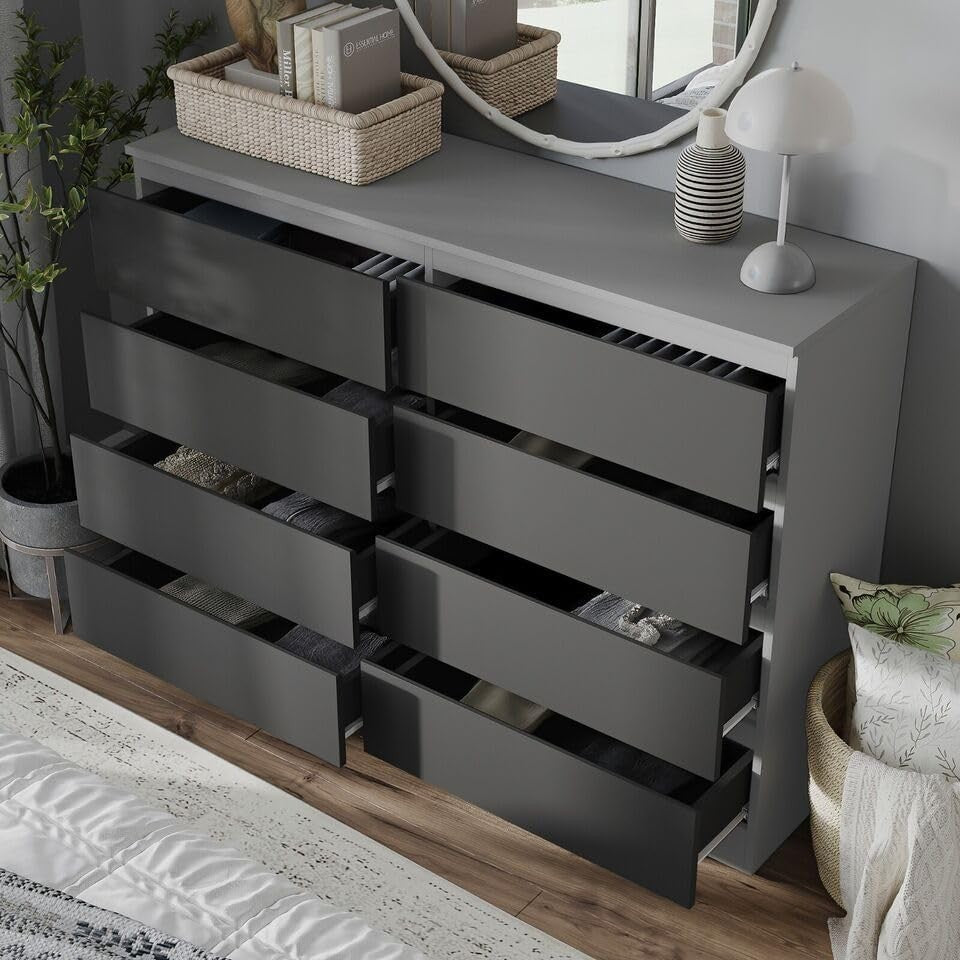 Modern 8 Drawer Chest Black Storage Cabinet Grey Unit for Bedroom Office