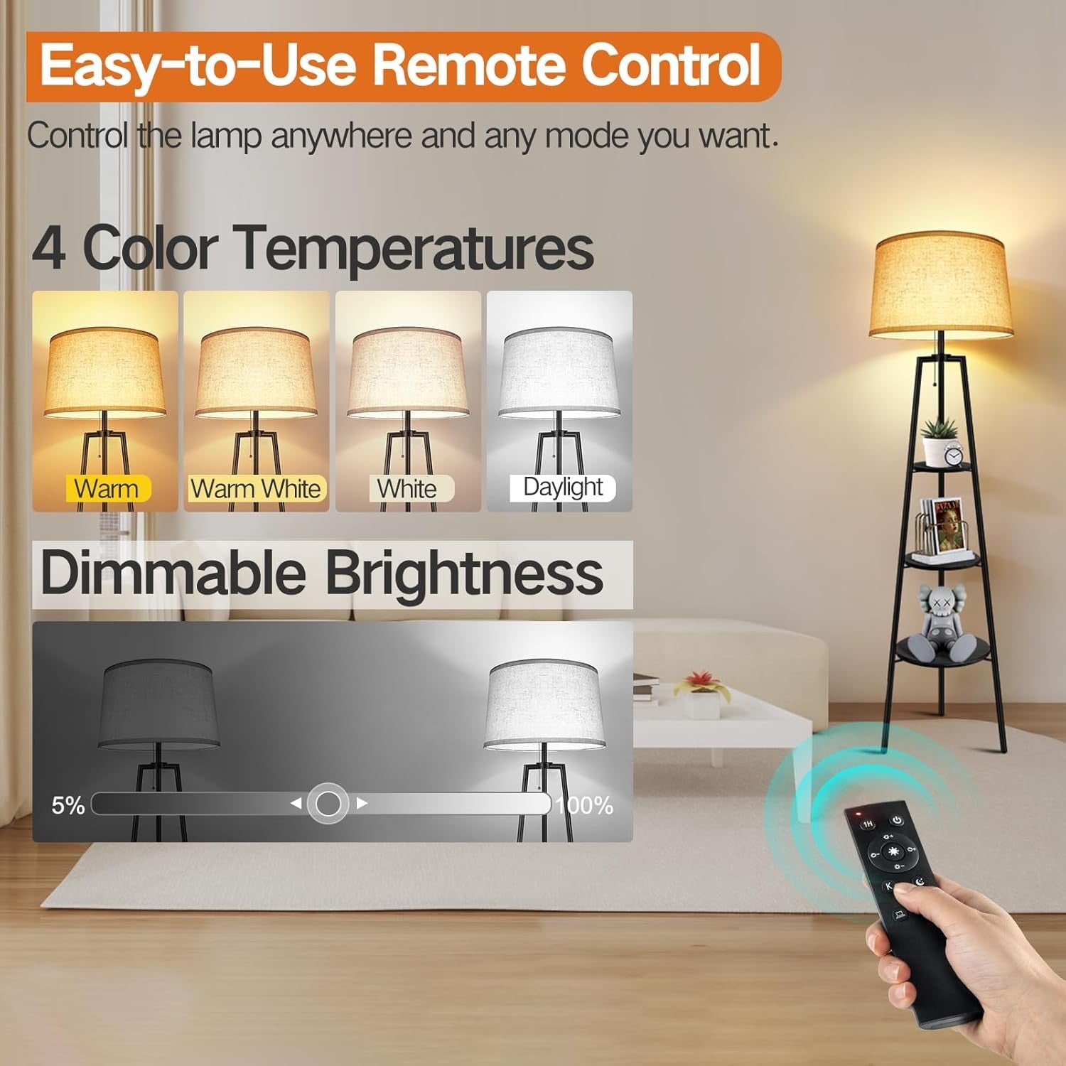 Tripod Floor Lamp with Shelves Remote Dimmable 4 Color Temps Timer Black