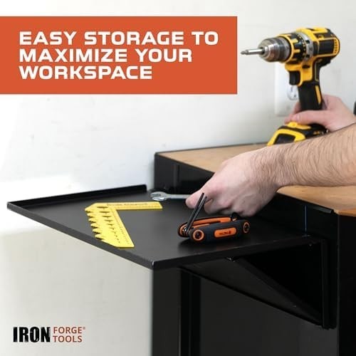 16x12in Wall-Mount Toolbox Tray Folding Shelf Black Powder-Coated Steel