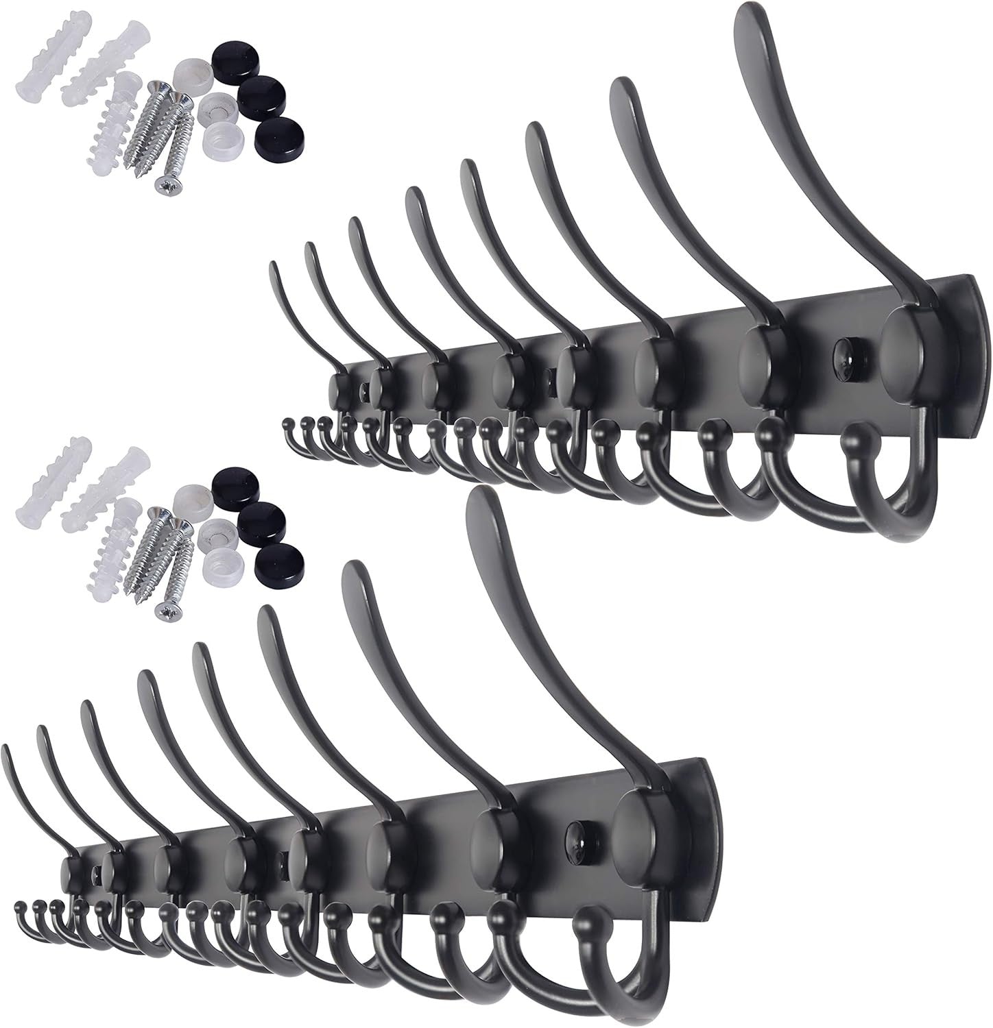 2 Pack 75cm Wall Mounted Coat Racks with 8 Hooks | Black Metal Hook Rail