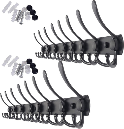 2 Pack 75cm Wall Mounted Coat Racks with 8 Hooks | Black Metal Hook Rail