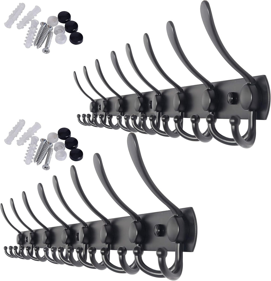 2 Pack 75cm Wall Mounted Coat Racks with 8 Hooks | Black Metal Hook Rail