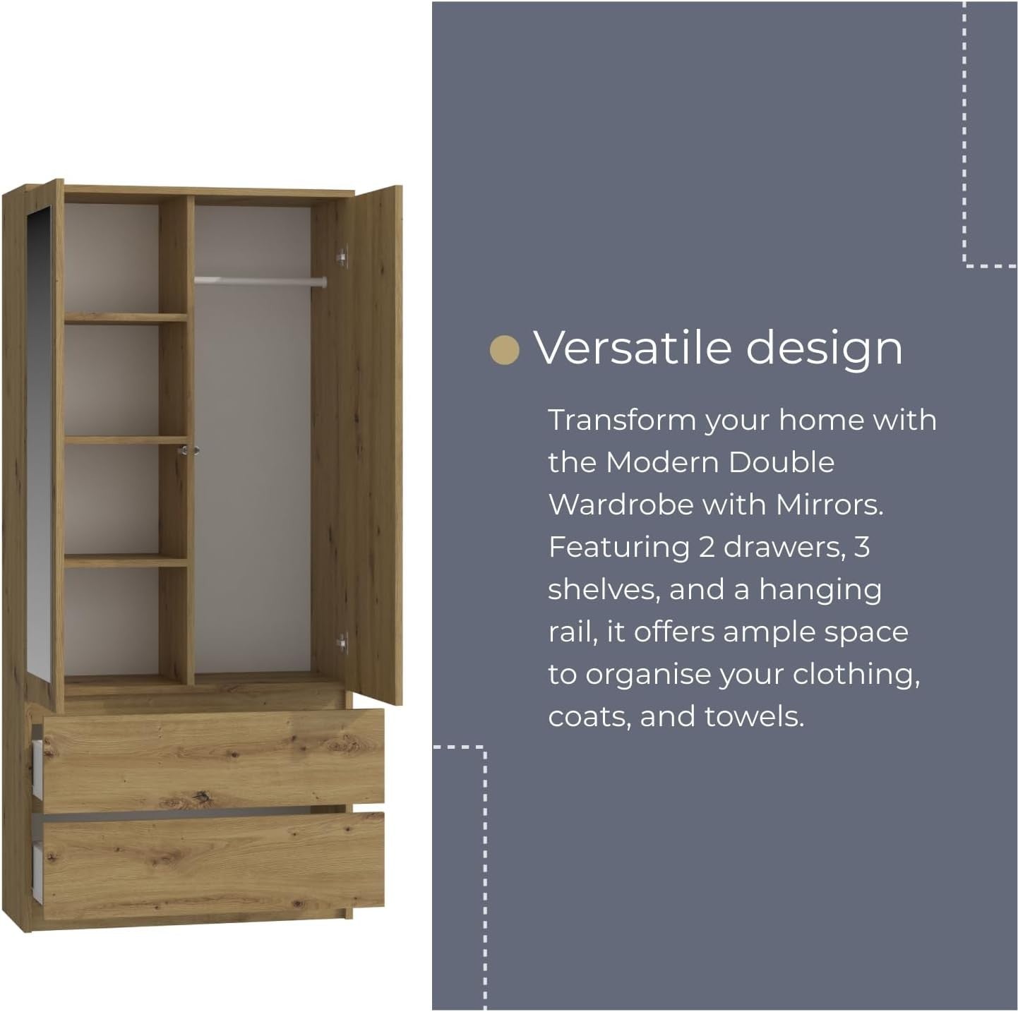 Modern Mirrored Double Wardrobe with Drawers – Oak Finish 2 Door