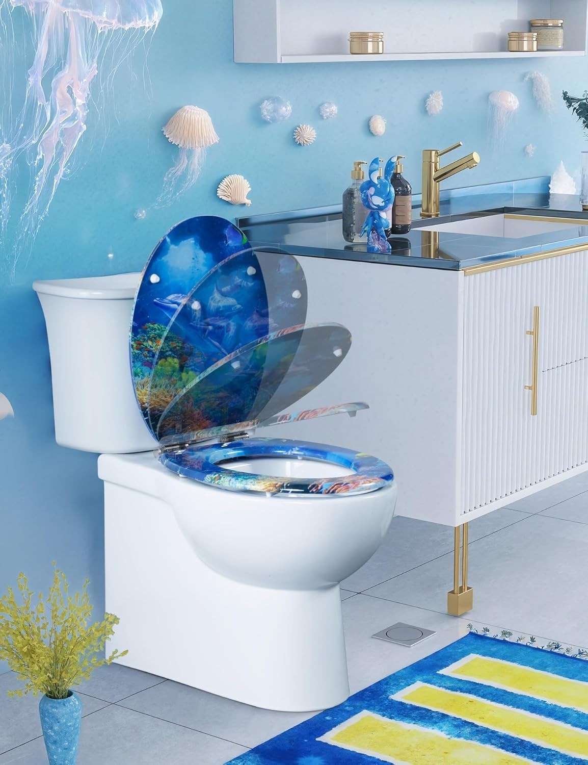 Wooden Toilet Seat O Shape Adjustable Top Fix Ocean Dolphin Family 45x37cm