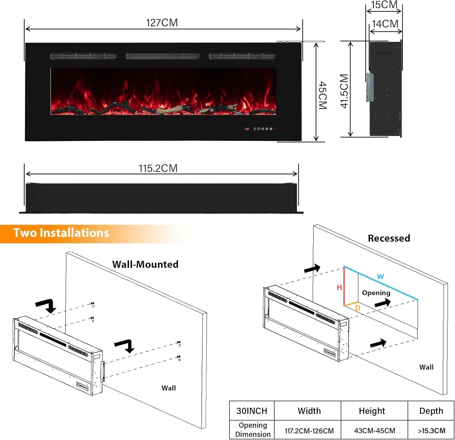 50” Wall Mounted Electric Fireplace Heater LED Flame 1500W Remote Timer
