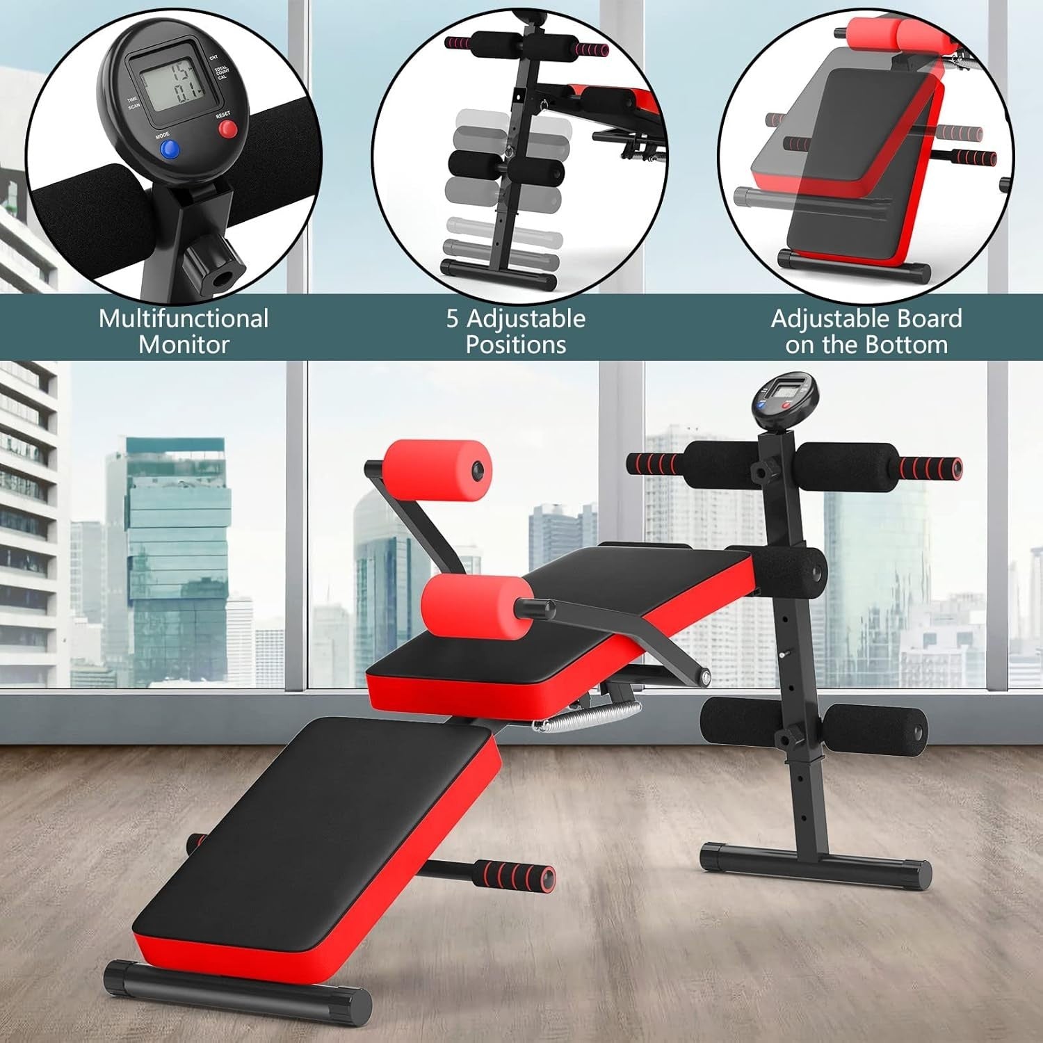 Adjustable Sit Up Bench With LCD Monitor Foldable Full Body Trainer