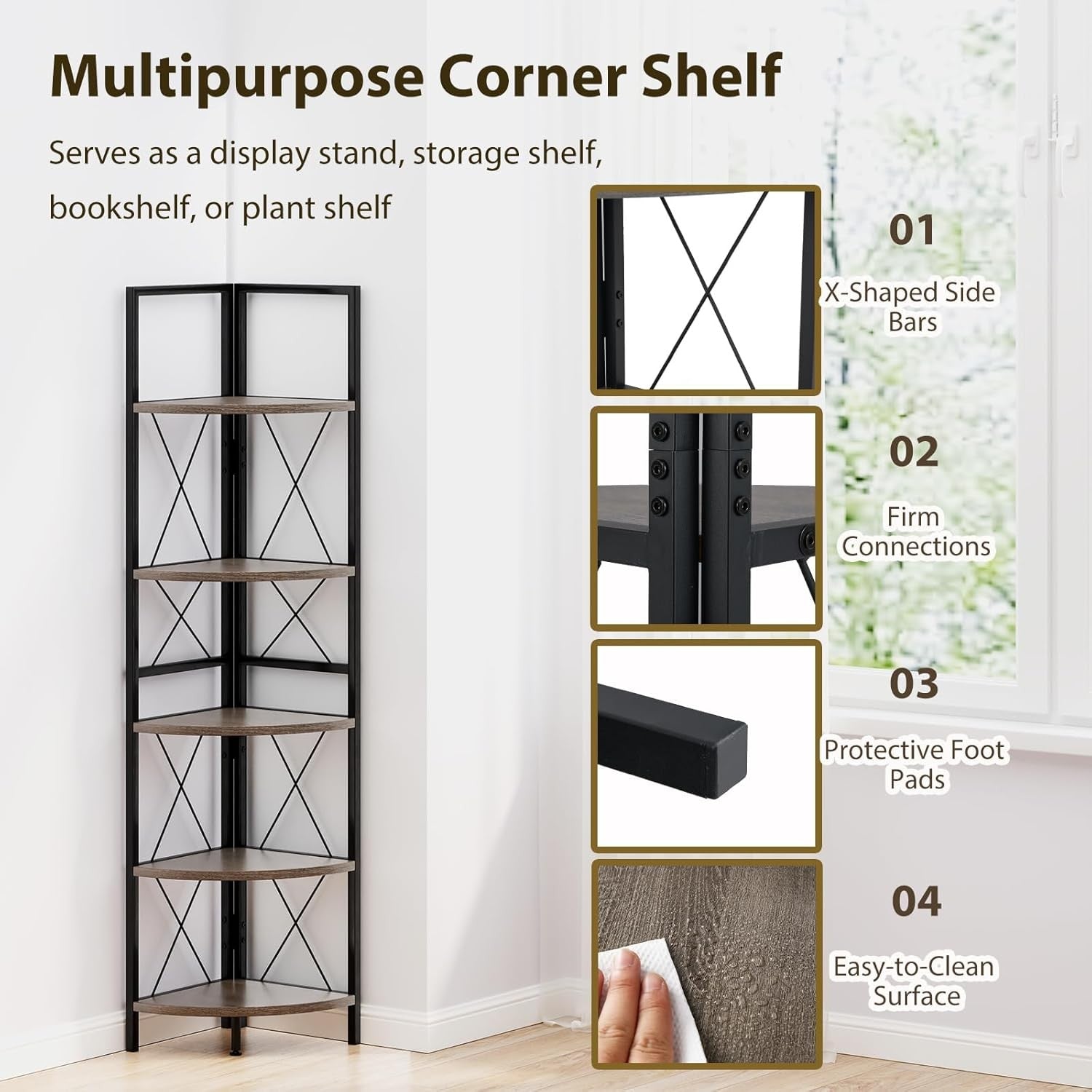 5 Tier Corner Ladder Shelf Oak Wood Display Unit Adjustable Foot Pads 35x35x160