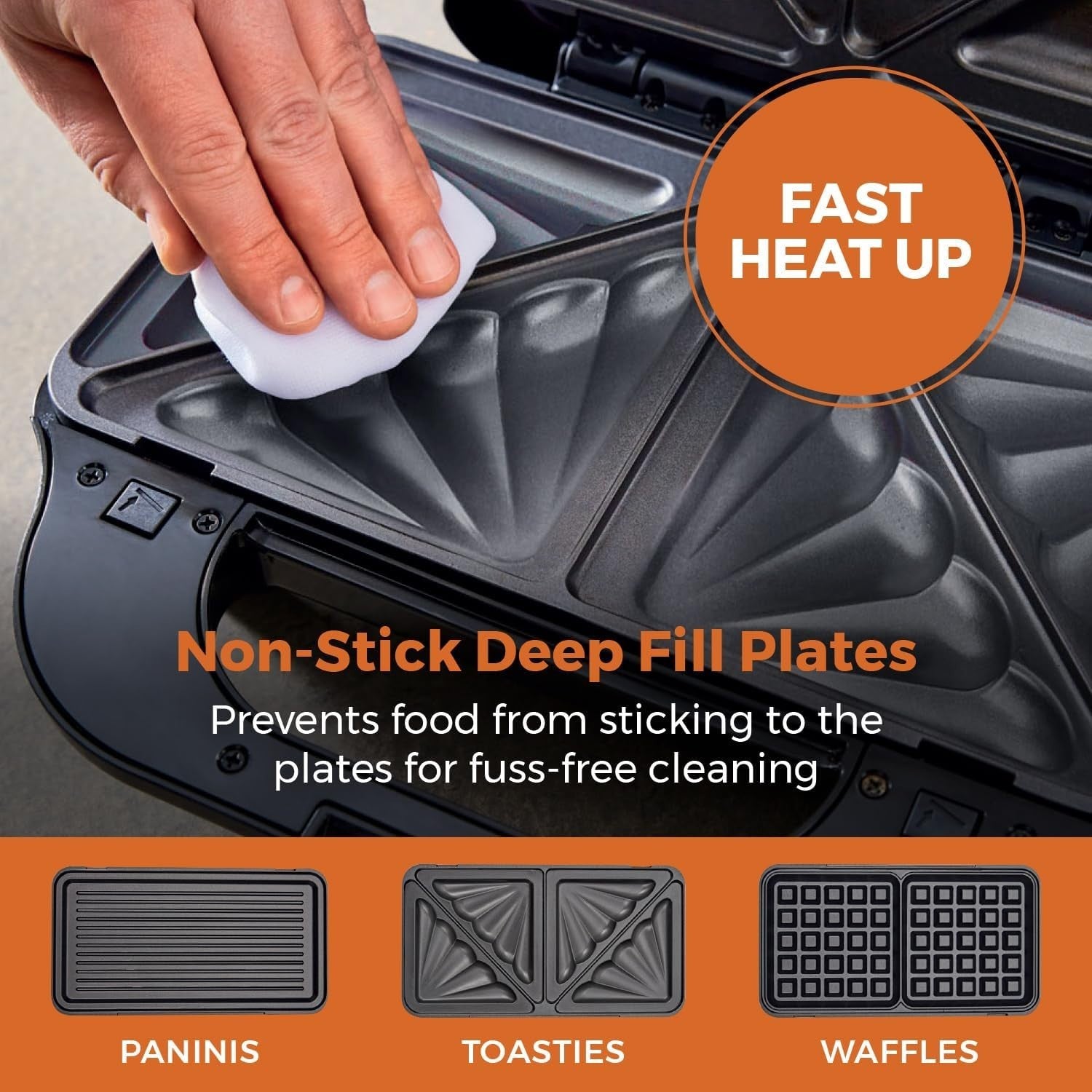 3-in-1 Deep Fill Snack Maker 900W Sandwich Waffle 29.6cm Stainless Steel