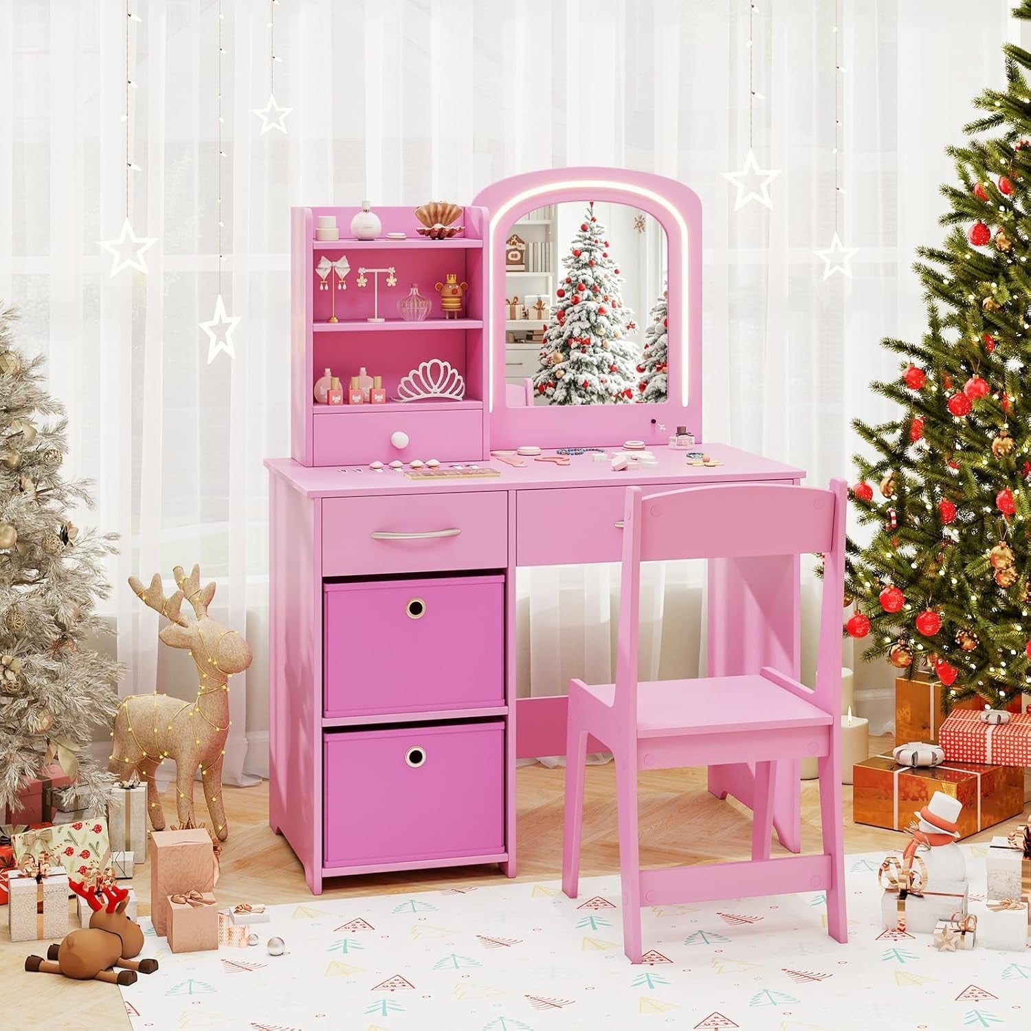 Kids Vanity Table Set Pink Girls Dressing Stool LED Mirror Storage Safe