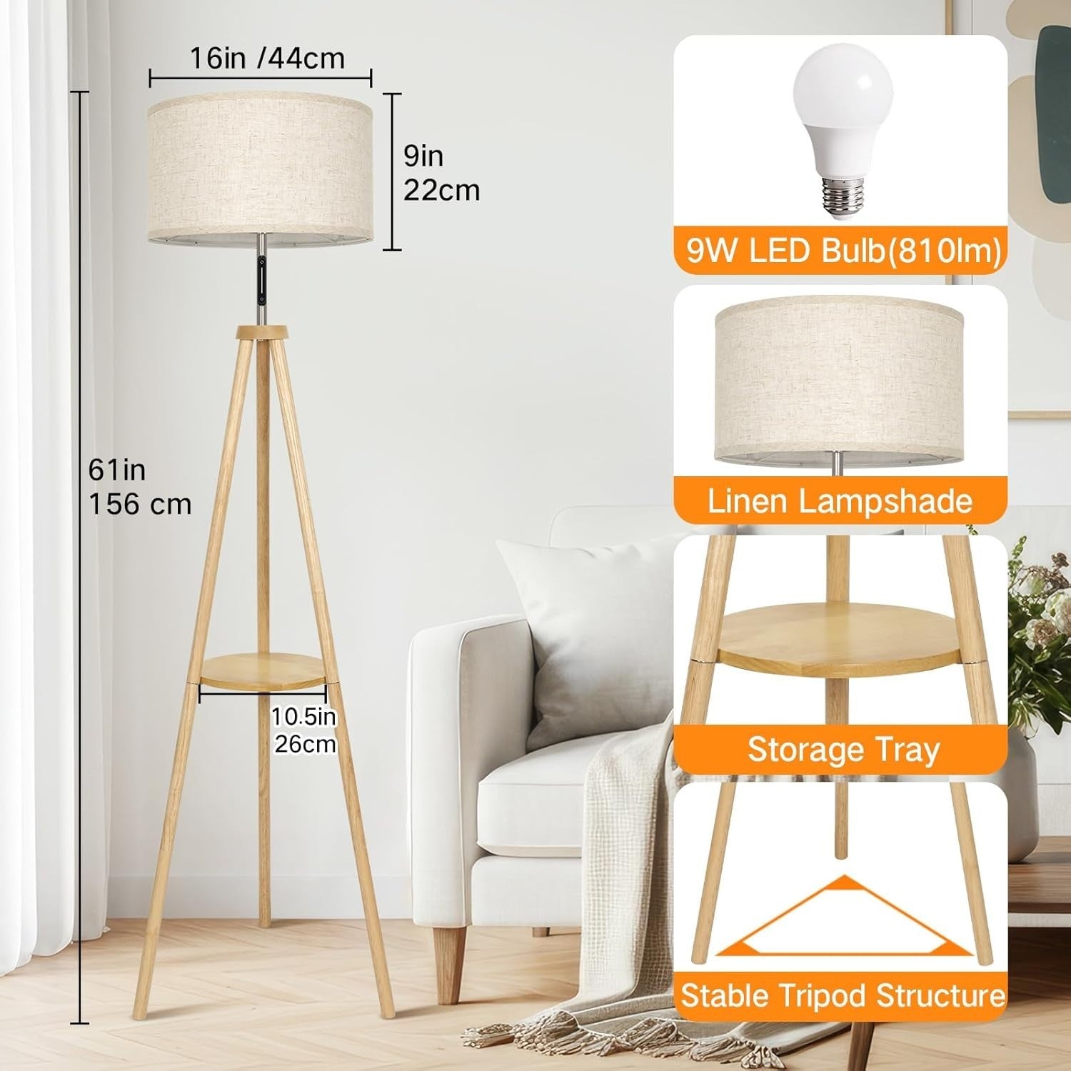 Wooden Tripod Floor Lamp Touch Control Dimmable Remote Shelf Linen Shade