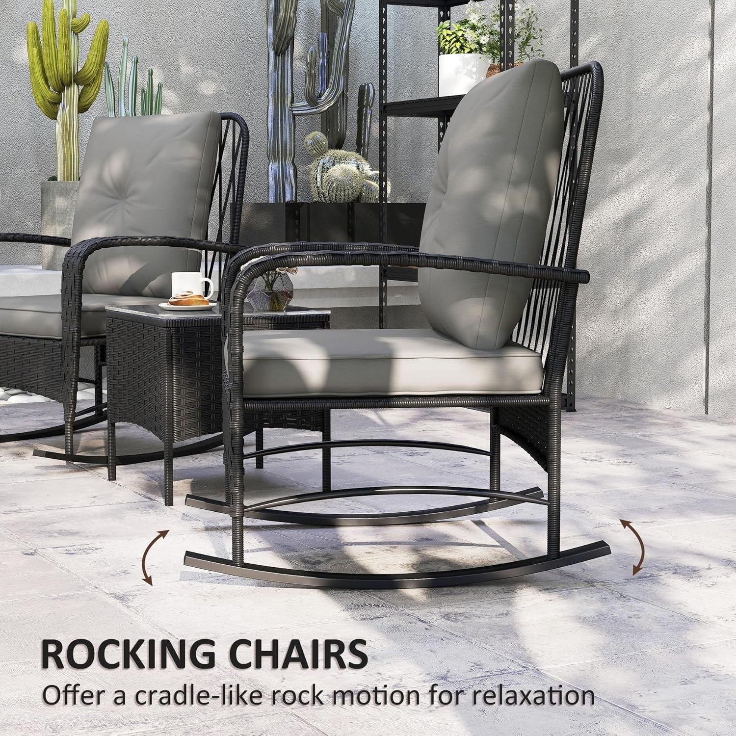 Rocking Rattan Bistro Set 3PC Cushioned Chairs Glass Table Balcony Patio