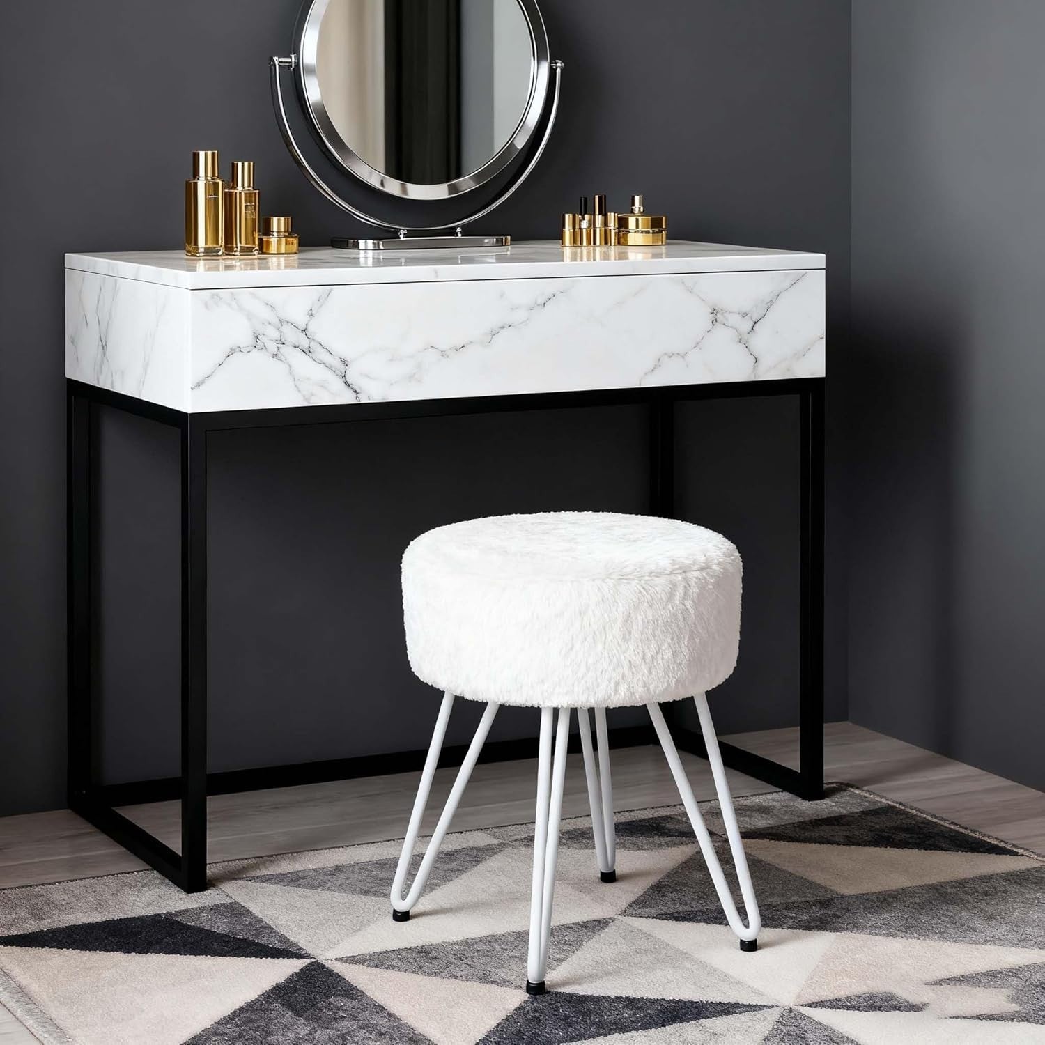 White Plush Round Vanity Stool with Metal Legs – Soft Padded Dressing Chair