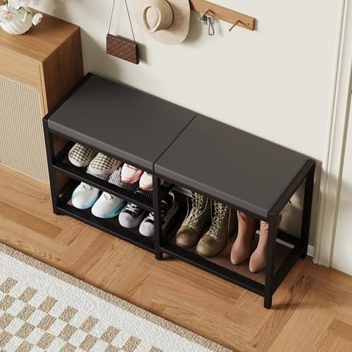 Black 35"L Shoe Bench with Cushion & Alloy Steel Frame, Storage Seat