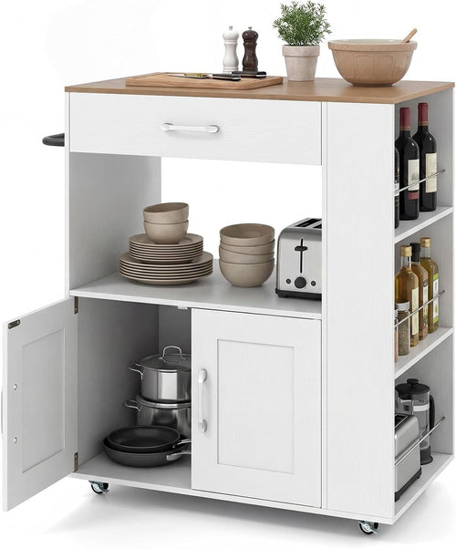 Kitchen Island Trolley White Natural with Spice Rack