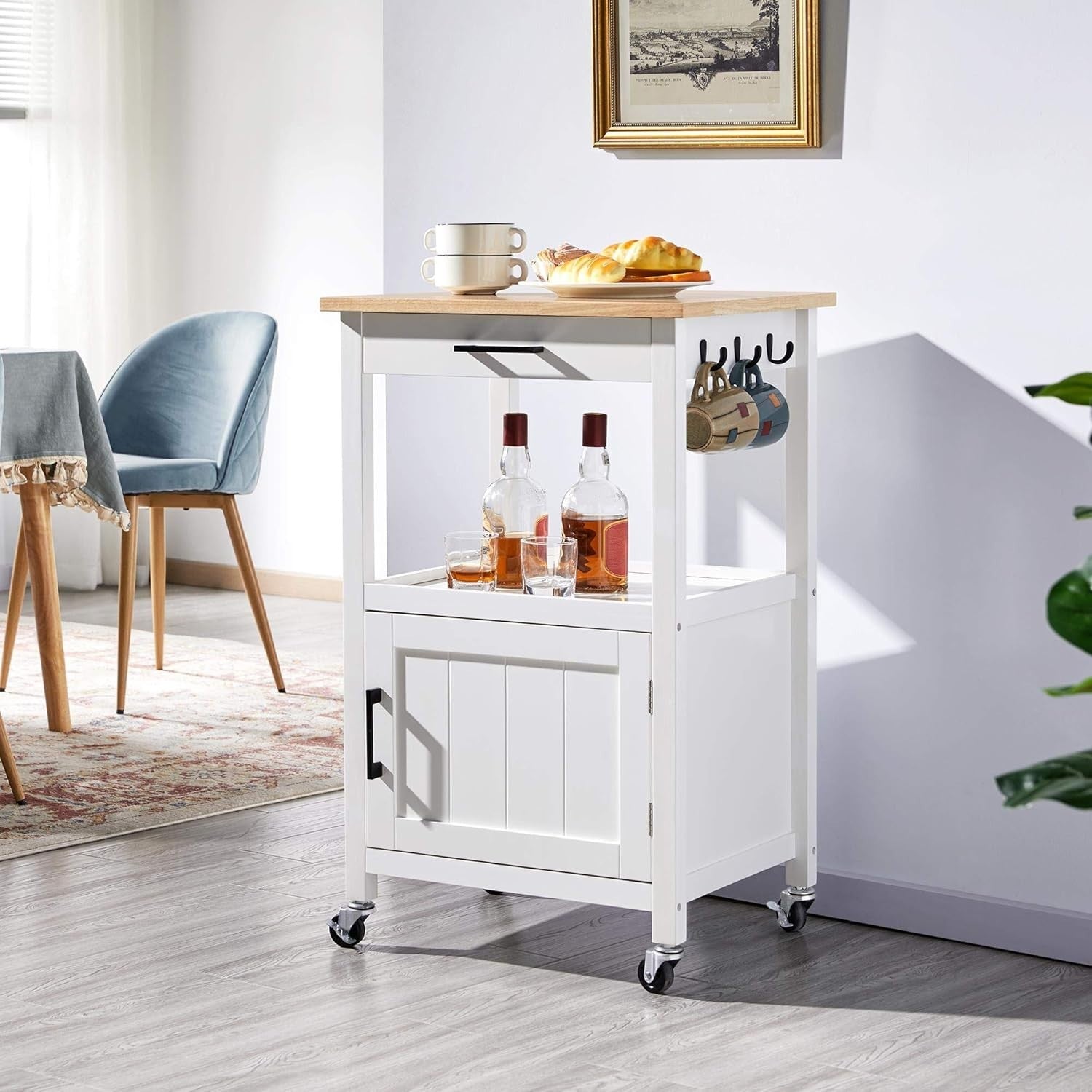 Rolling Kitchen Trolley Cart with Drawer, Cabinet & Lockable Wheels, White