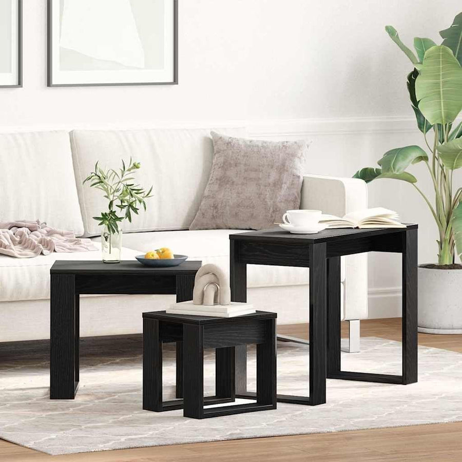 Space Saving Nesting Coffee Table Set 3 Black Oak Wood Modern End Tables