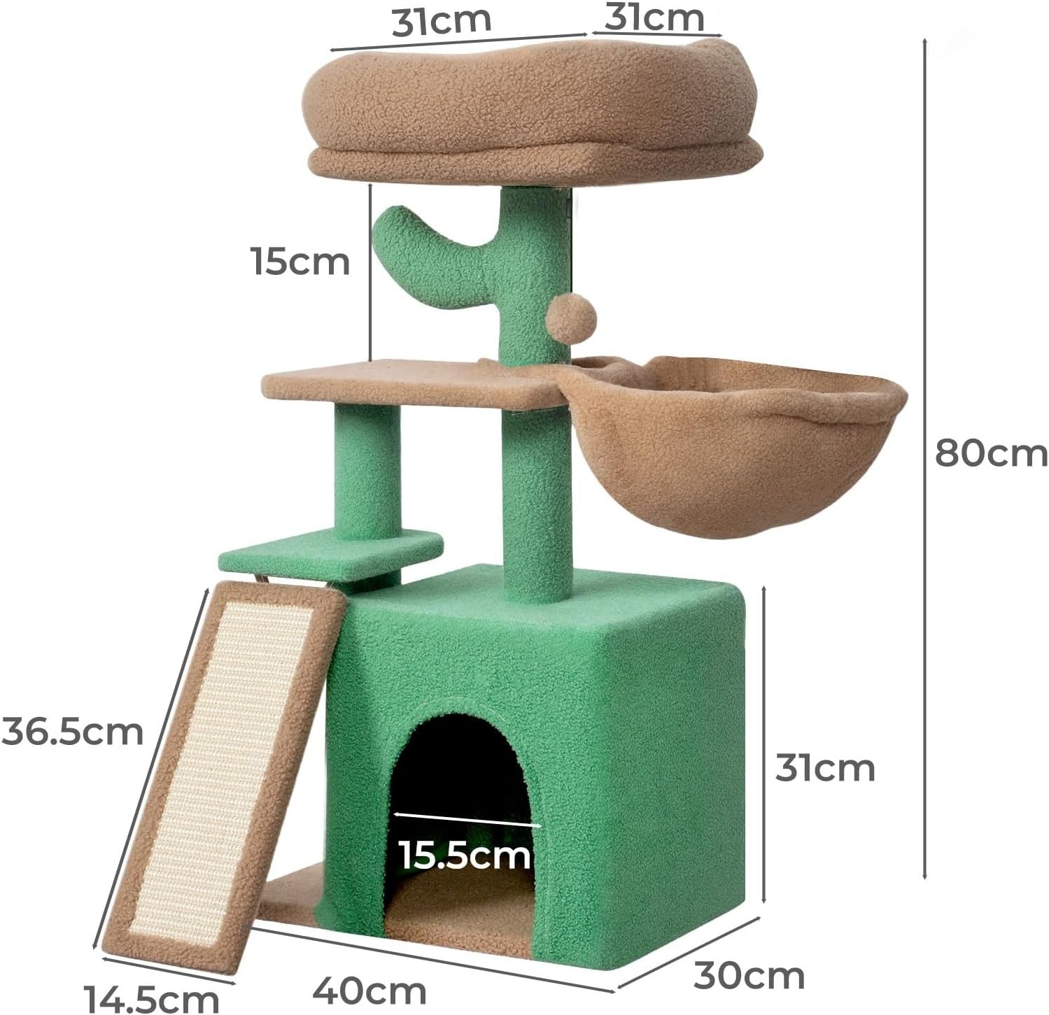 Cat Tree Tower 80cm Multi Level with Condo Hammock Scratcher for Indoor Cats