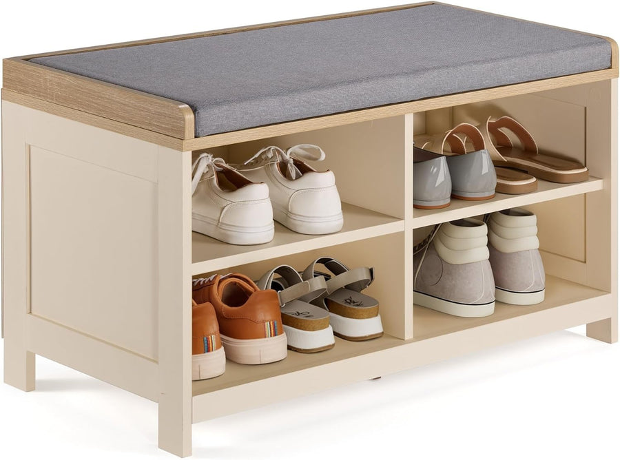 Cream Shoe Storage Bench with Cushion & 4 Shelves – Hallway Entryway Unit
