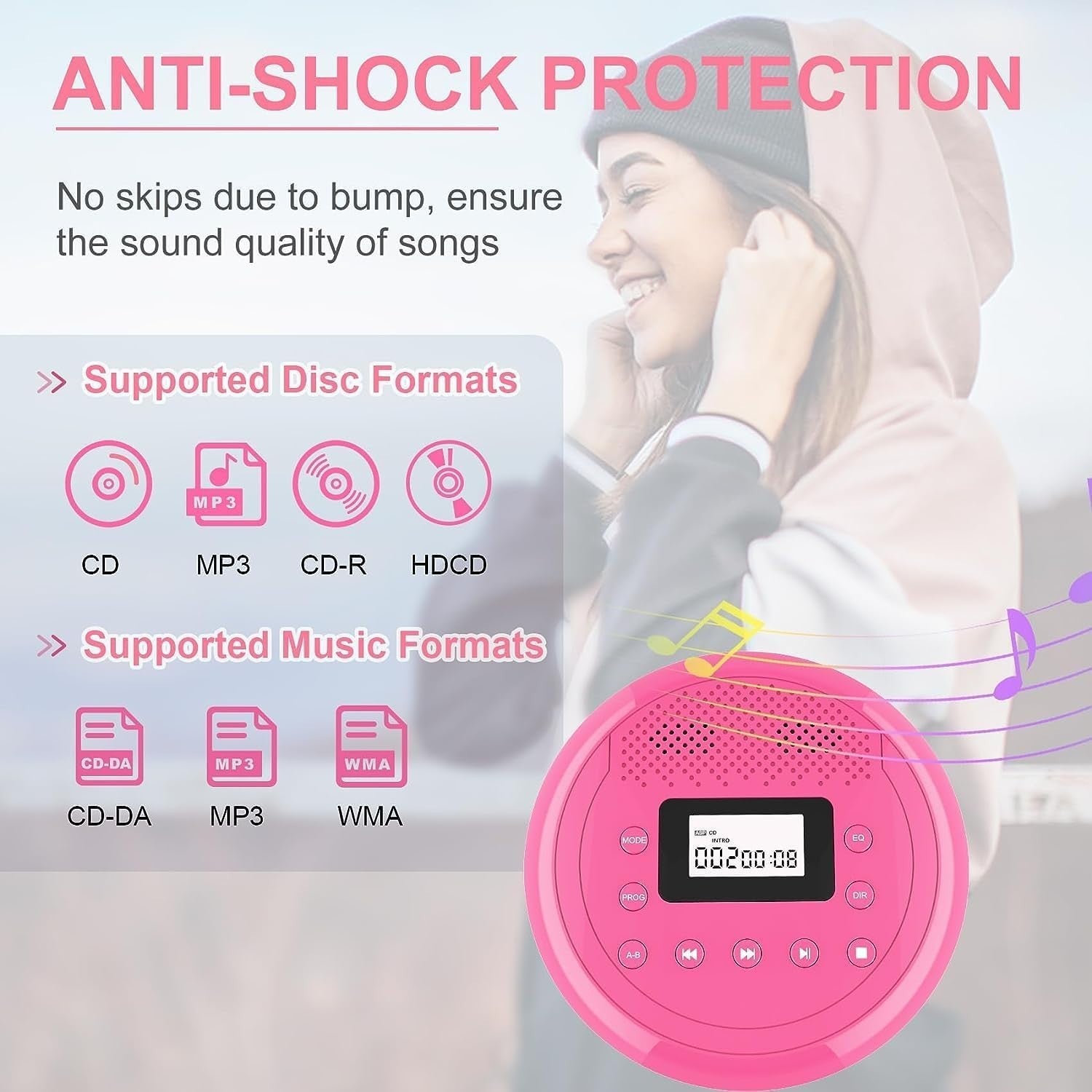 Portable CD Player Rechargeable Speakers Anti-Skip AUX Car TF Card