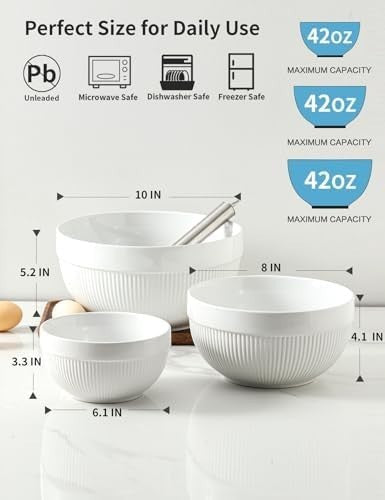 White Ceramic Mixing Bowls Set of 3 – Microwave & Dishwasher Safe, Nesting